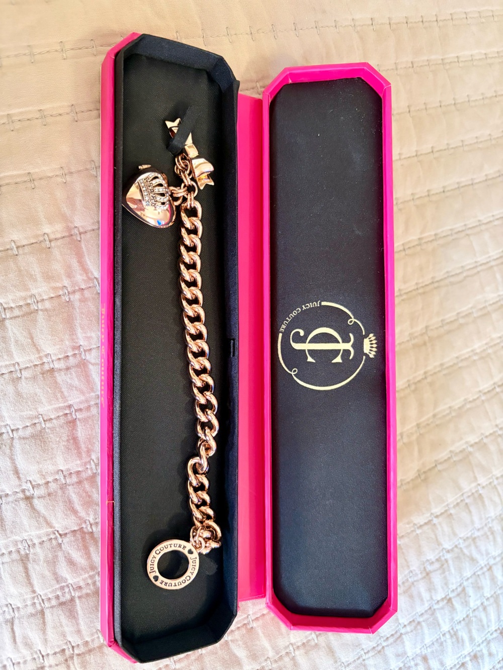 Juicy Couture Rose Gold Curb Chain Bracelet with Crown Heart Charm